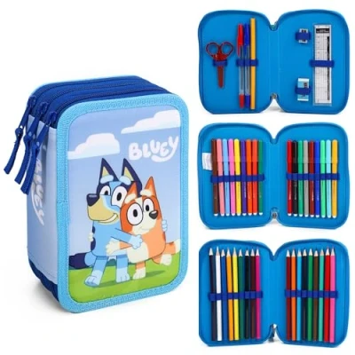Imagen de Bluey Estuche grande de 3 niveles con múltiples compartimentos, suministros escolares, papelería, bolígrafos para colorear y juegos lápices, multicolor,