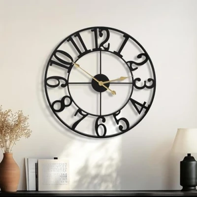 Imagen de HAITANG Reloj de Pared Grande 16 Pulgadas, Redondo, Casi silencioso, sin tictac, Cuarzo, Funciona con Pilas, números arábigos Negros, Relojes Metal para Sala