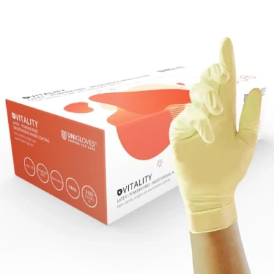 Imagen de UNIGLOVES Vitality GD0022 guantes hidratantes de látex para examen Multiusos, desechables sin polvo, caja 100 guantes, color natural, pequeño