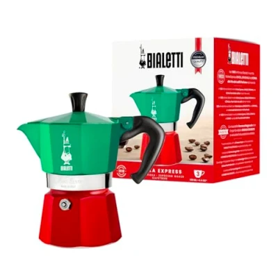 Imagen de Bialetti Moka Express Italian Collection: Icónica Cafetera Italiana para Espresso, Auténtico Café Italiano, 3 Tazas (130 ml), Aluminio, Color Verde/Rojo