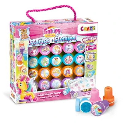 Imagen de CRAZE 20 Sellos de goma Galupy Unicorn para niños, infantiles 4 colores diferentes, Incluye Bloc Notas pintar, tinta lavable