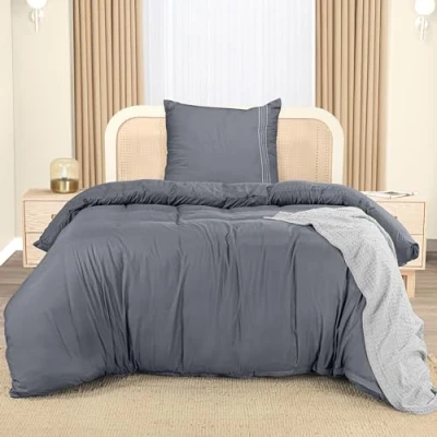 Imagen de Utopia Bedding Funda Nordica Cama 90 Microfibra Juego de Edredon 135x200 cm y 1 Bordado Almohada 80x80 (Gris)