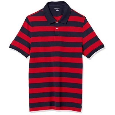 Imagen de Amazon Essentials Polo de Piqué Algodón Ajuste Entallado Hombre, Azul Marino Rojo Raya Rugby, XXL