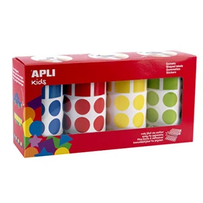 Imagen de APLI Kids 18804 Pack de 8260 gomets en 4 rollos (azul, rojo, amarillo y verde) con formas geométricas surtidas (círculos, cuadrados, rectángulos triángulos) 20 mm, adhesivo permanente.