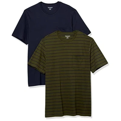 Imagen de Amazon Essentials Camiseta de Manga Corta con Bolsillo, Cuello Redondo y Corte Recto Hombre, Pack 2, Azul Marino/Verde Oliva Rayas, 6XL Grande Alto