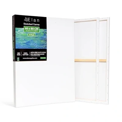 Imagen de Elan Lienzos Preestirados 60x80, 4 PACK 100% Algodón para Pintar Grandes, Canvas Pintar, Enmarcados, Tela Pintura, Lienzo Grande, Blanco