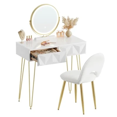 Imagen de EUGAD Tocador Maquillaje con Espejo y Luz LED, Iluminación Ajustable, Conjunto de Mesa Silla Terciopelo, Escritorio 2 Cajones, Blanco + Dorado, 0056SZT