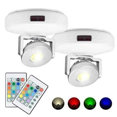 Imagen de HONWELL Foco LED luces de techo inalámbricas alimentadas por batería Control remoto Luz acento imagen disco regulable con giratorias Cabeza para gabinete Obra dardos, 2 unidades