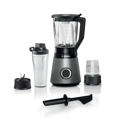 Imagen de Bosch Batidora VitaPower Serie 4 MMB6177S, cuchillas de acero inoxidable fabricadas en Alemania, recipiente cristal ThermoSafe 1,5 l, botella 0,6 trituradora universal, 30.000 rpm, 1200 W,