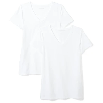 Imagen de Amazon Essentials Camiseta de Cuello en v Manga Corta y Ajuste Clásico Mujer, Pack 2, Blanco, XS