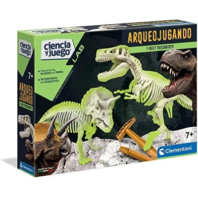 Imagen de Clementoni Arqueojugando T Rex y Triceratops fosforescente Juego científico para excavar Montar Dinosaurios apartir de 7 años, Juguete en español (55054)