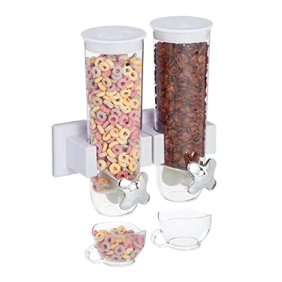 Imagen de Relaxdays Dispensador Cereales Doble, Montaje Pared, Dosificador Frutos Secos, Botes Caramelos, Avena, Plástico, Blanco, 1 Pieza