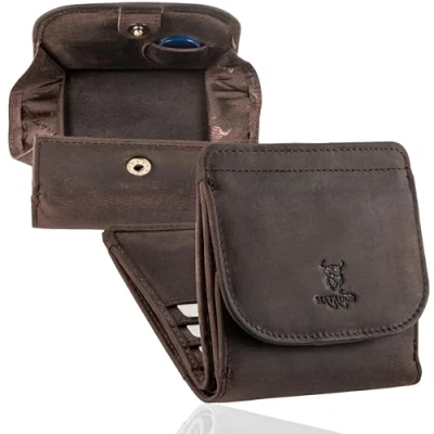 Imagen de MATADOR Pequeña caja de Viena, mini monedero, cartera para hombre, piel pequeña, monedero pequeño mujer con bloqueo RFID, paquete regalo, marrón oscuro, Vintage