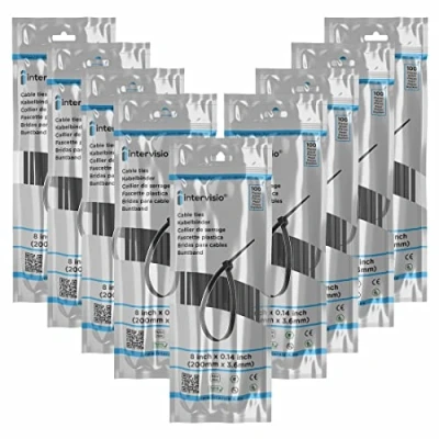 Imagen de intervisio Bridas de Plastico para Cables 200mm x 3,6mm Negro, Resistente a los rayos UV, abrazaderas negras duraderas, 900 Piezas