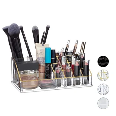 Imagen de Relaxdays Organizador de Maquillaje con 16 Compartimentos, Acrílico, Dorado, 8 x 22 12,5 cm, Fibra