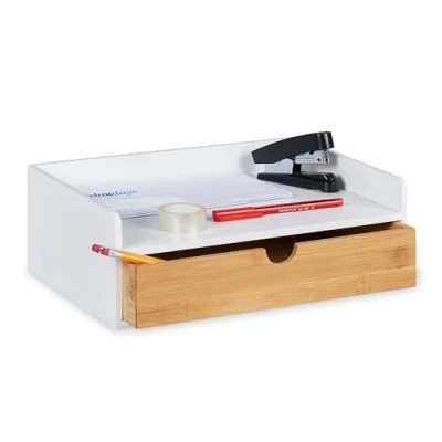 Imagen de Relaxdays Organizador de Escritorio con 1 Cajón, Balda A4, Bambú, 11 x 32 22 cm, Portalápices Oficina, Blanco/Natural, Tablero Fibras