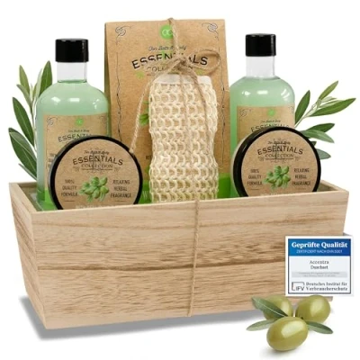 Imagen de Accentra set de ducha regalo para mujer OLIVE en una caja madera cuidado 6 piezas con gel ducha, espuma baño, sales loción corporal y más.