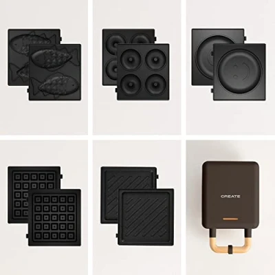 Imagen de CREATE/STONE STUDIO/Sandwichera Grill y gofrera individual negro / 5 placas intercambiables: Sándwich grill, Gofre, Taiyaki, Tortitas Donuts, antiadherente, apertura 100º, autoapagado, 600W