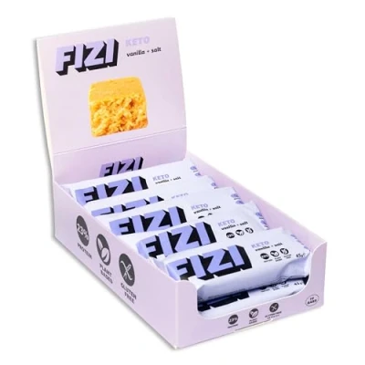 Imagen de FIZI Keto Bar Low Sugar Vainilla + Sal 10 x 45 g Barrita proteica vegana baja en azúcar 163 calorías, alta fibra, sin gluten carbohidratos con 23% de proteína vegetal