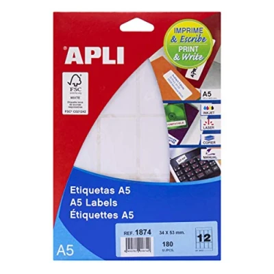 Imagen de APLI 1874 Etiquetas A5 blancas 34,0 x 53,0 mm 15 hojas