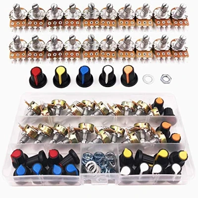 Imagen de GTIWUNG 20Pcs Potenciómetro, Lineal Cónico Rotativo Potenciómetro Kit, 3 Terminales Potenciometro de B Tipo Estéreo Audio con Perilla(B5K B10K B20K B50K B100K Ohm)