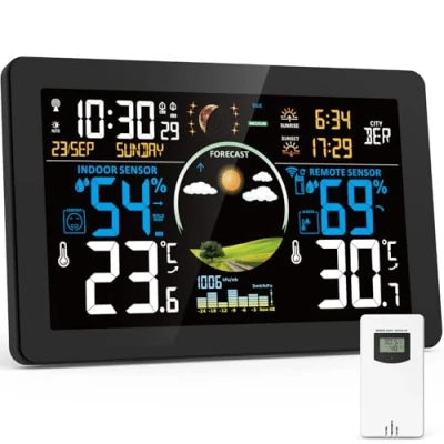 Imagen de VIFLYKOO Estación Meteorológica Inalámbrica con Sensor Exterior, Digital Multifuncional de Temperatura, Humedad, Presión Atmosférica, Pronóstico del Tiempo, Alarma