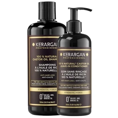 Imagen de Kerargan Dúo Anti Caída Champú y Tratamiento Sin Enjuague con Aceite de Ricino Para Cabello Seco, Quebradizo Vida Fortalece Estimula Sulfatos, Parabenos ni Siliconas 500ml + 350ml