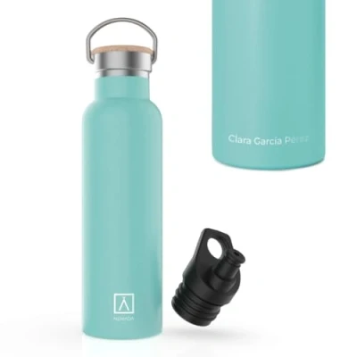 Imagen de NUMADA Botella Personalizada con Nombre 600ml de Acero Inoxidable Verde Menta Estanca Recubrimiento CerámicoFrío 24H y Calor 12HBoca AnchaLibre BPAIncluye 2 Tapones (1 Sport)/Bolsa Transporte