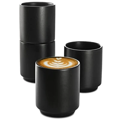 Imagen de Cosumy 4 Tazas de Cerámica Negra para Capuchino Diseño Apilable Paredes Gruesas Apto Lavavajillas 200 ml