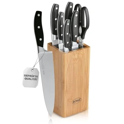 Imagen de Rösle Cuisine Bloque de Cuchillos con Cepillo, 7 Piezas, Calidad Madera Bambú 5 Afilados y Tijeras Cocina, Hojas Acero Especial, Protector Dedos