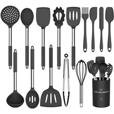 Imagen de Umite Chef Juego de utensilios cocina, 15 piezas cocina silicona, herramientas pinzas espátula, resistentes al calor, (negro)