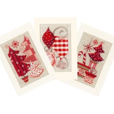 Imagen de Vervaco Grußkarten Weihnachtlich in Rot, 3er Set Diseño navideño de Punto Cruzado, algodón, Aspect Lin, 10.5 x 15.0 0.30000000000000004 cm