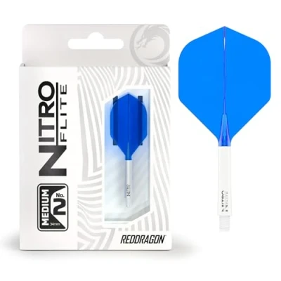 Imagen de RED DRAGON Dardos Nitro Flite Sistema integrado de vuelo y eje Forma diseño n.º 2 Color blanco azul, longitud media