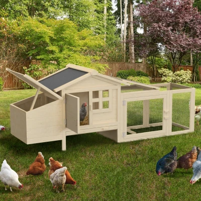 Imagen de Gallinero de madera sobre pilotes con corral y caja nido