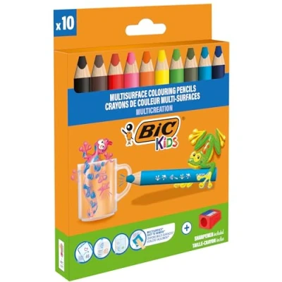 Imagen de BIC Kids Lápices de Colores Multisuperficie con Cuerpo Triangular y Minas Borrables en Superficies No Porosas Surtidos, Pack 10+1 Sacapuntas