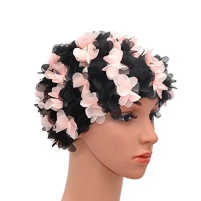 Imagen de medifier Encaje Vintage Gorro de ba�o Floral Petal Retro Estilo Gorros para Las Mujeres, Pink and Black