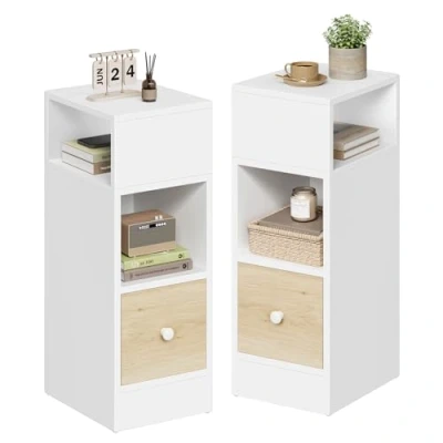 Imagen de EUGAD 2X Mesitas de Noche con 2 Compartimentos y 1 Cajón, 25x30x66 cm, Mesilla Estrecha Dormitorio, Estilo Moderno, Mesita Auxiliar Alta Madera, Blanco Vetas 0011CTG