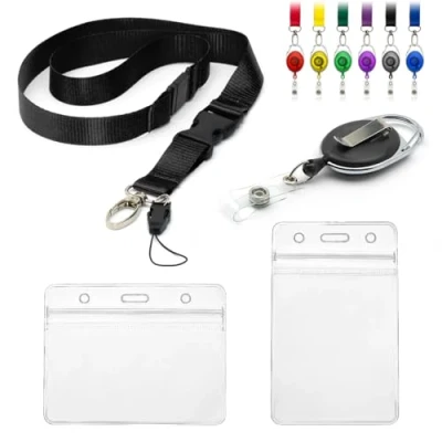 Imagen de CKB LTD cordón con soporte para tarjetas, juego de 4 piezas, incluye 1 seguridad desmontable, clip retráctil carrete Yo Yo, 2 tarjetas identificación transparentes impermeables, b