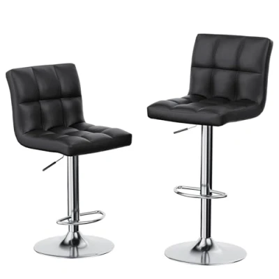 Imagen de bigzzia Taburete de Bar Juego 2, Taburetes Altos Cocina, Cuero Sintético Silla Regulable en Altura con Respaldo y Reposapiés, Giratorio 360, para Mostrador, Bar, Negro