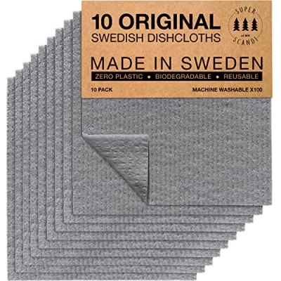 Imagen de SUPERSCANDI Bayeta Sueca Super Absorbente, Reutilizable Y Ecologica Paños De Cocina Biodegradables Celulosa Algodón Trapo Cocina, Limpieza Pack x10, Gris