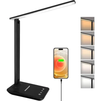 Imagen de joyshie lámpara Led Escritorio, Flexo de escritorio con luz nocturna, lampara control táctil, Puerto carga USB, 5 niveles luminosidad modos (negro)