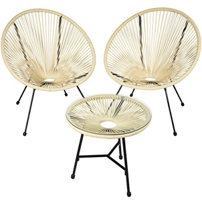 Imagen de tectake® Conjunto Muebles Jardín Exterior de Acero, Estilo Acapulco, 2 Sillas y 1 Mesa con Cristal, Terraza Resistentes a Intemperie,Topes en Patas, para Interior beige