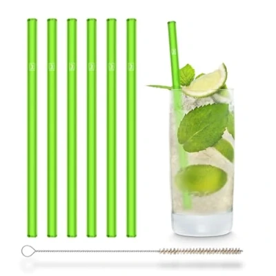 Imagen de HALM pajitas de vidrio, neón verde, 6 reutilizables 20 cm, brillan en la oscuridad + cepillo limpieza sin plástico, fabricado Alemania, apto para lavavajillas, recto