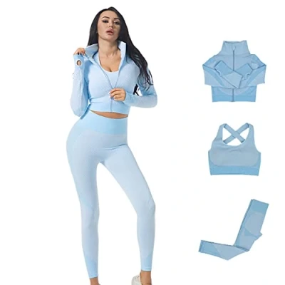 Imagen de Veriliss 3 Piezas Mujer Yoga Traje Entrenamiento Para, Gym Mallas de Sin Costuras y Sujetador Deportivo Elástico Ropa Gimnasio