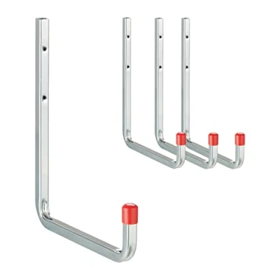 Imagen de Relaxdays Ganchos Pared Universales Set 4, hasta 40 kg, Acero, Garaje, Taller, Sótano, Carga Pesada, Plateado y Rojo, 30 x 2 25 cm