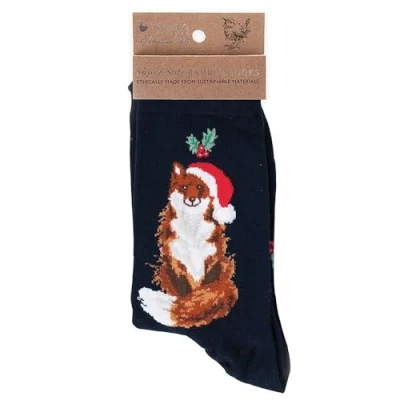 Imagen de Wrendale Designs Calcetín navideño con diseño de zorro festivo, azul, Talla única