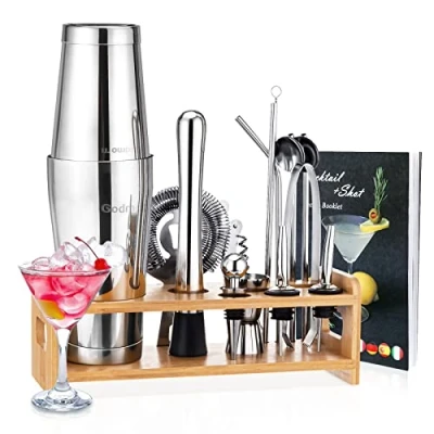 Imagen de Juego De Coctelera para Cócteles Bostón, Godmorn 16 Piezas 700ml Herramientas Barra Acero Inoxidable,Profesional Bar Kit Barman Set con Exhibición Madera Y Libro Receta