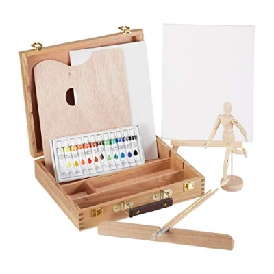 Imagen de Relaxdays, 22 Piezas Maletín Pinturas Acrílicas con Maniquí Articulado, Paleta, Pinceles, Caballete y Lienzo, Madera, 30,5 x 32 7,5 cm