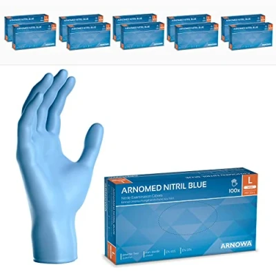 Imagen de ARNOMED guantes nitrilo talla L, de nitrilo, azul, 10 cajas (1000 uds), desechables para mecanico, sin polvo en tallas XS, S, M, XL y XXL