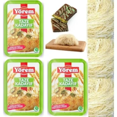 Imagen de 3 paquetes [Garantía fresca] X Hilos de pastelería Kadaifi Postre fresco estilo turco Kadayif para usar el famoso chocolate Dubai Kataifi Teigfaden 400 gramos Pufai Grocery,